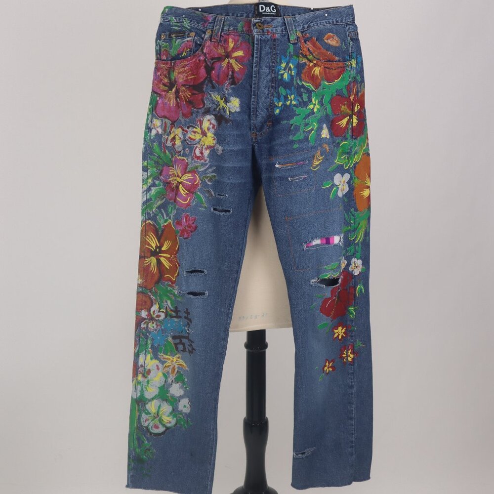 🌺 Vtg Dolce and Gabbana Floral Painted Ripped Distressed Jeans Denim Pants 34